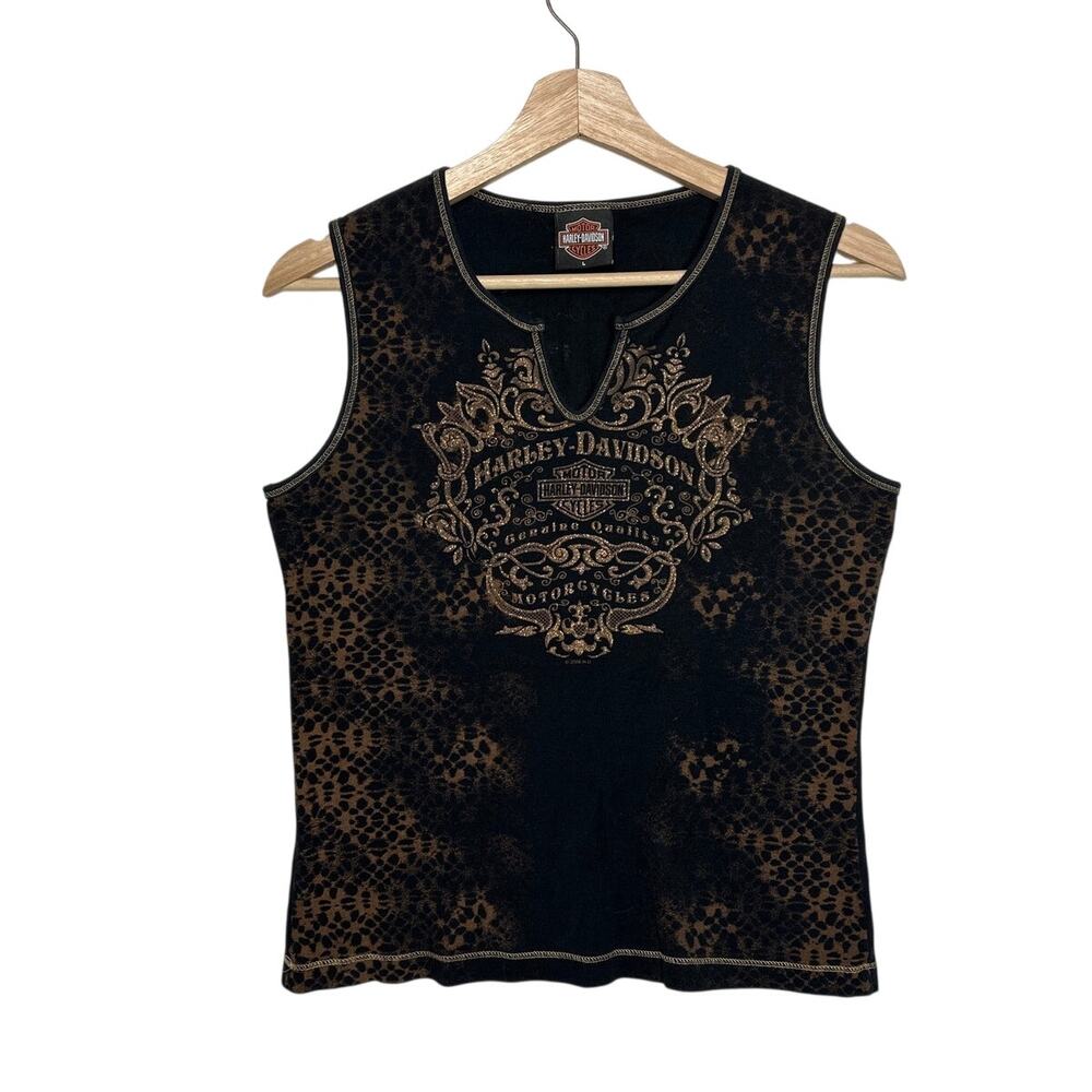 Harley Davidson Y2K Tank Top Metallic Gold Crest Sleeveless Sz L Biker Moto Edgy